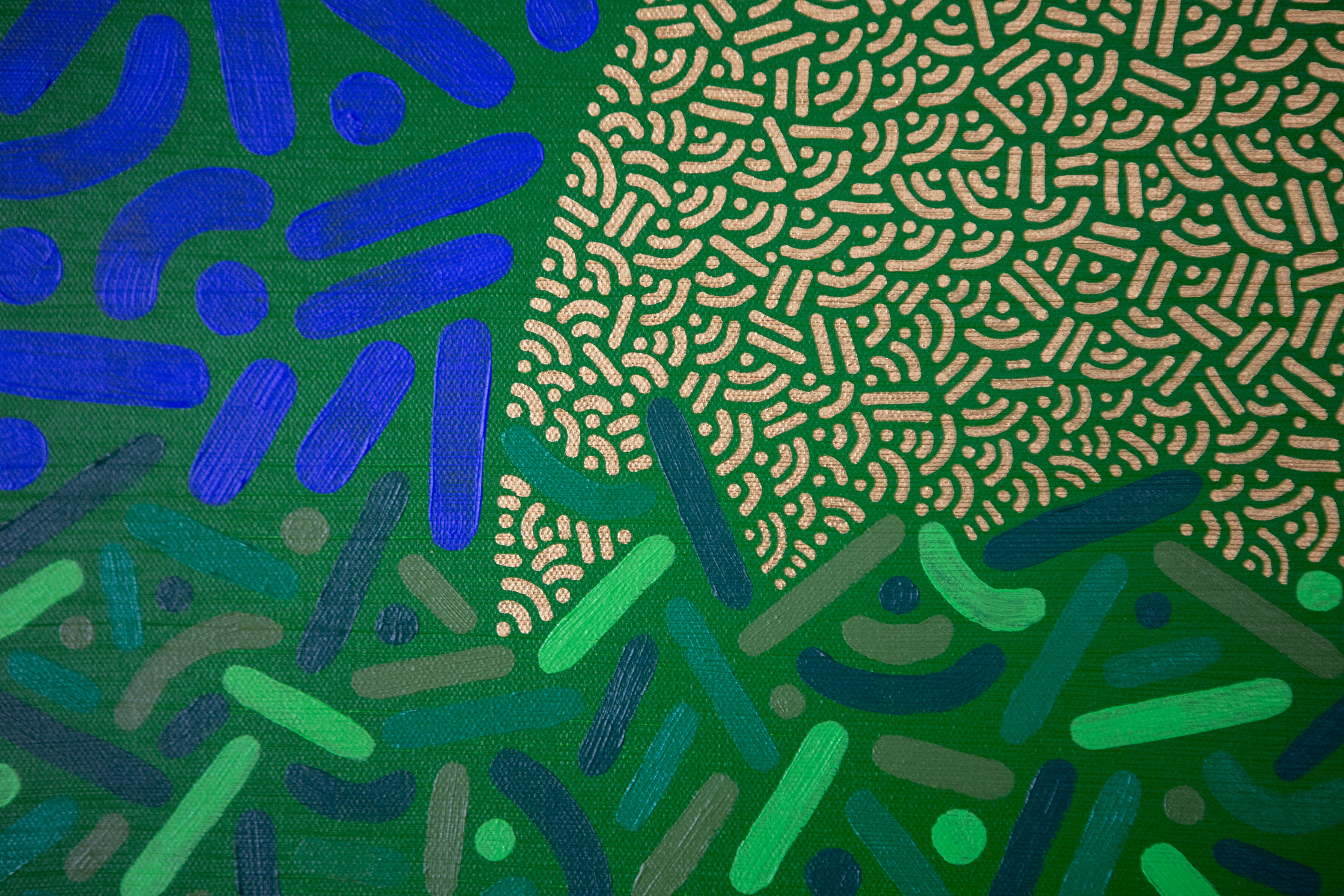 Sunlit Canopy: Detail of a pale circular sun rising behind layers of green geometric marks.