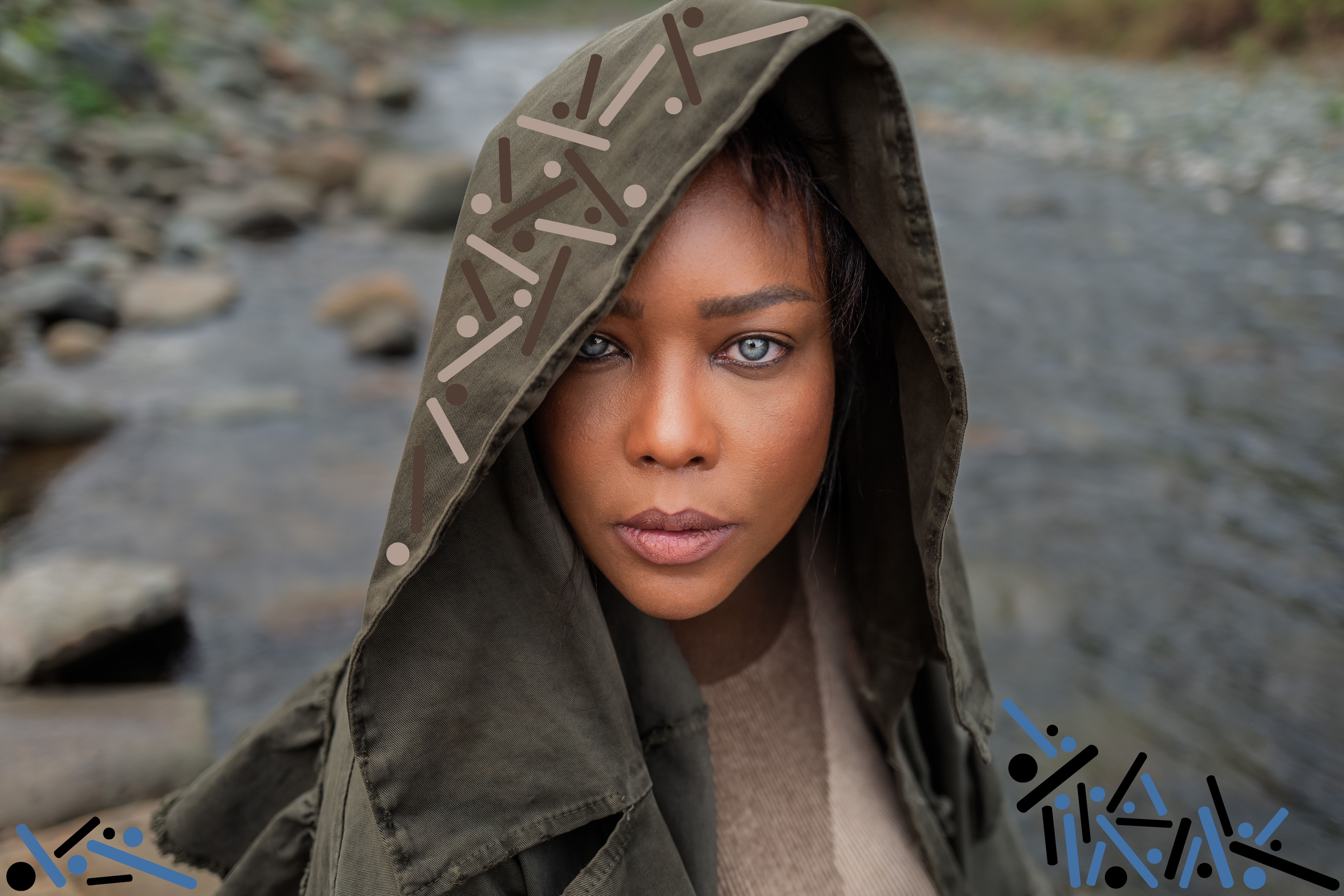 Close-up portrait of a hooded woman against a stone wall, with dark geometric marks added near the edges.