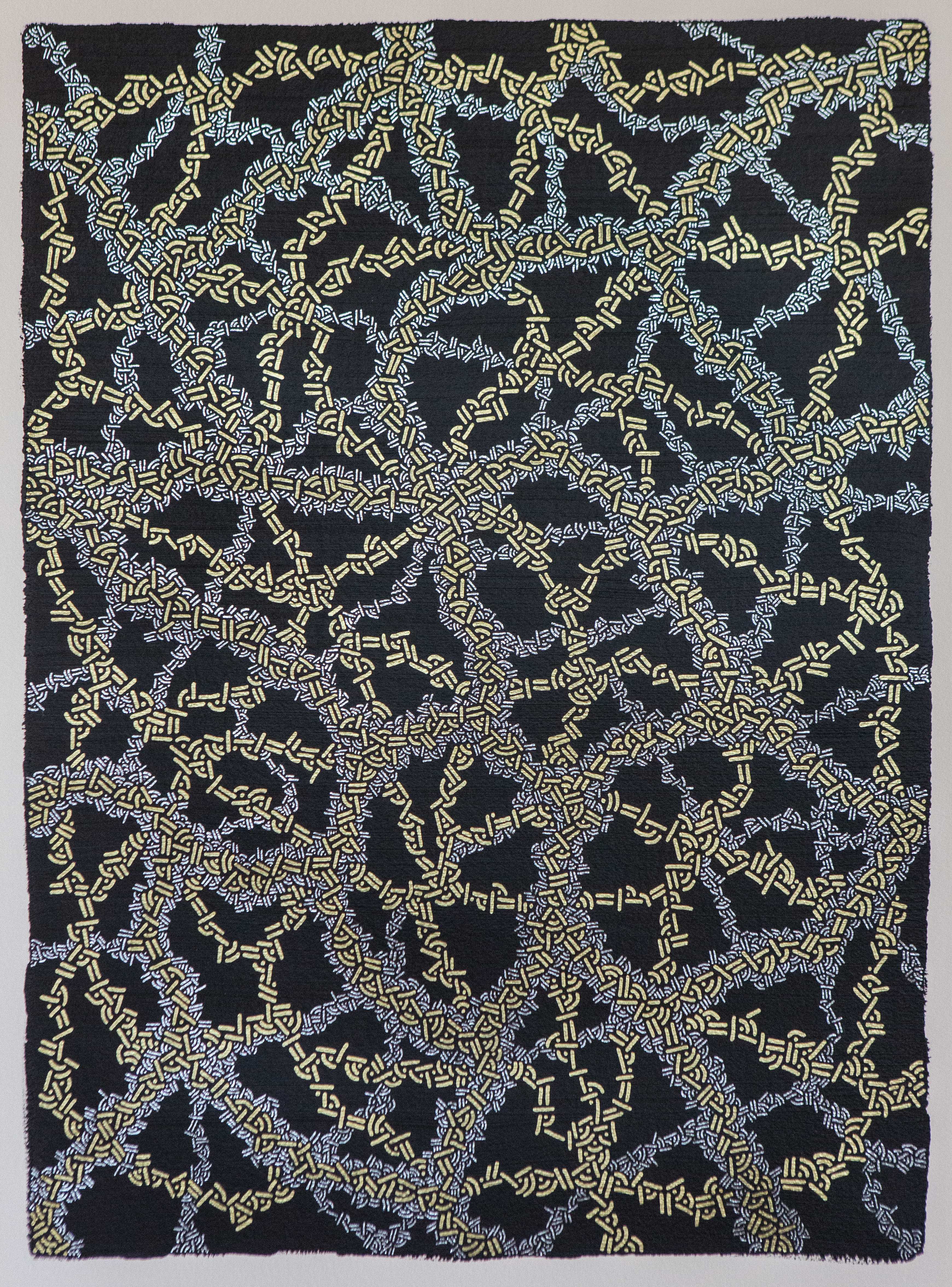 Pale and gold geometric clusters overlap across a dark rectangular background.