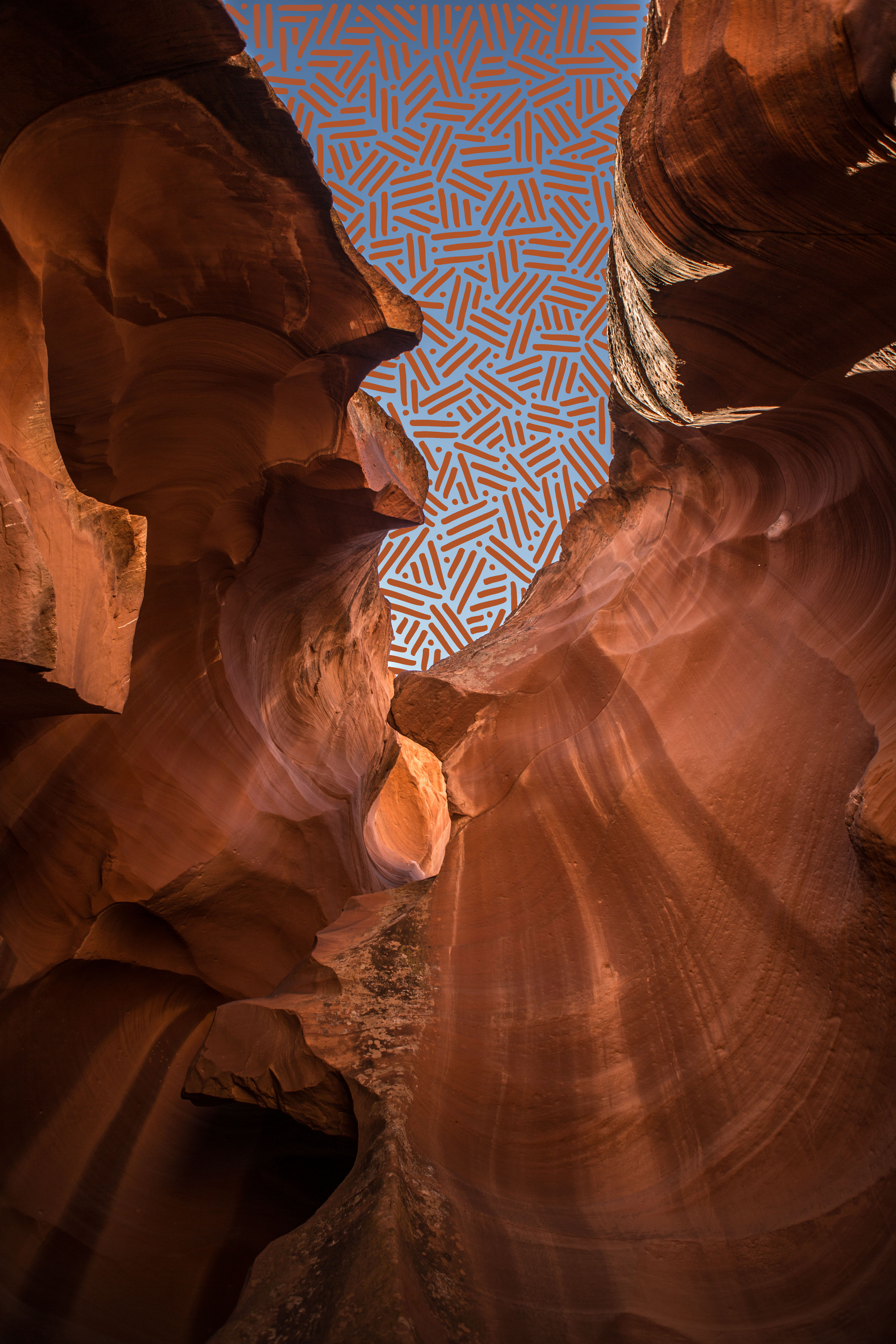 “Canyon Aperture” by Pipe Yanguas, showing the flowing orange sandstone walls of Antelope Canyon, Arizona, framing a sky filled with intricate geometric dots and lines.