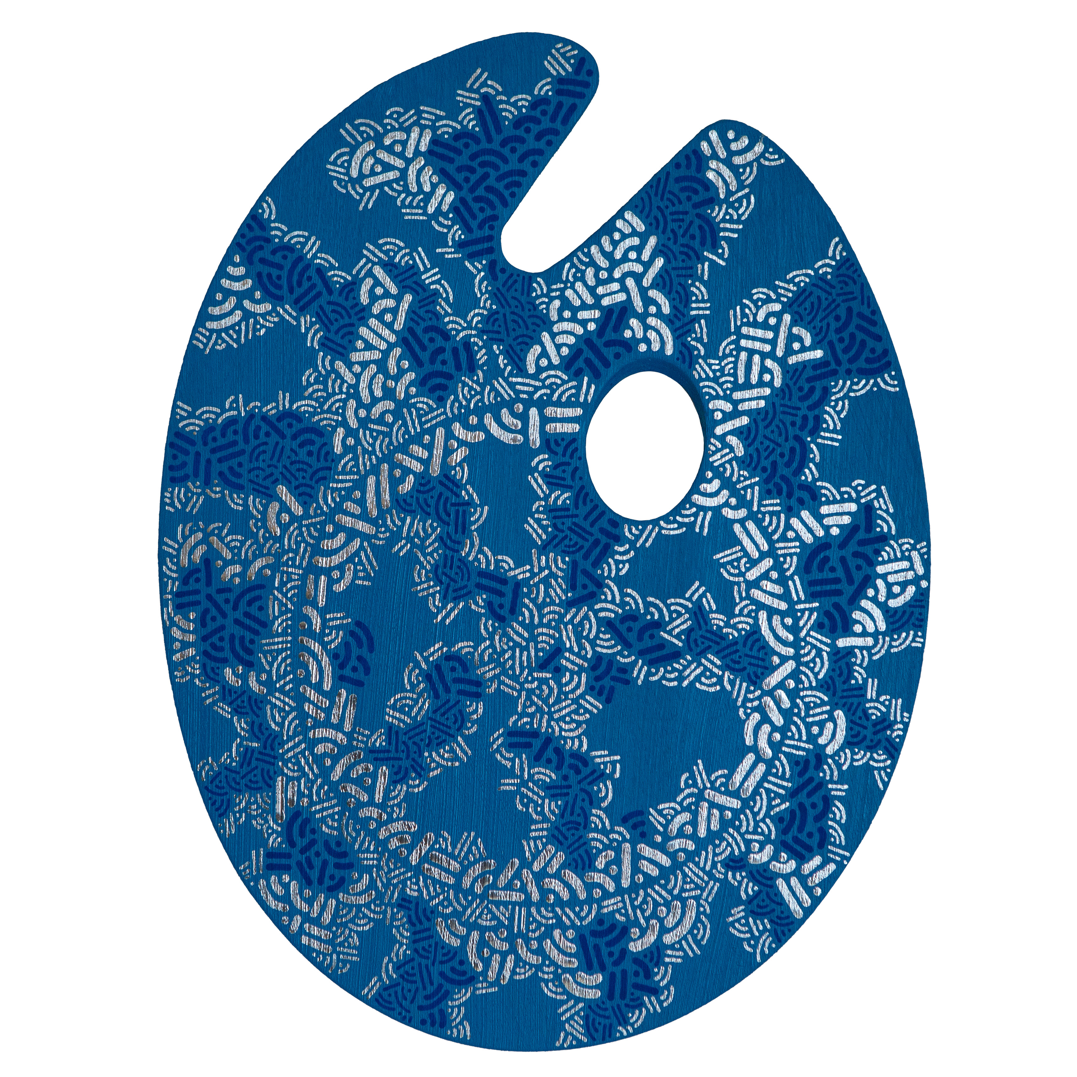Spring Bubbles (2025) by Pipe Yanguas, an artist's palette painted blue with intricate silver and dark blue dots and lines forming interconnected organic patterns. Created for the Lowe Art Museum's Palette Project.
