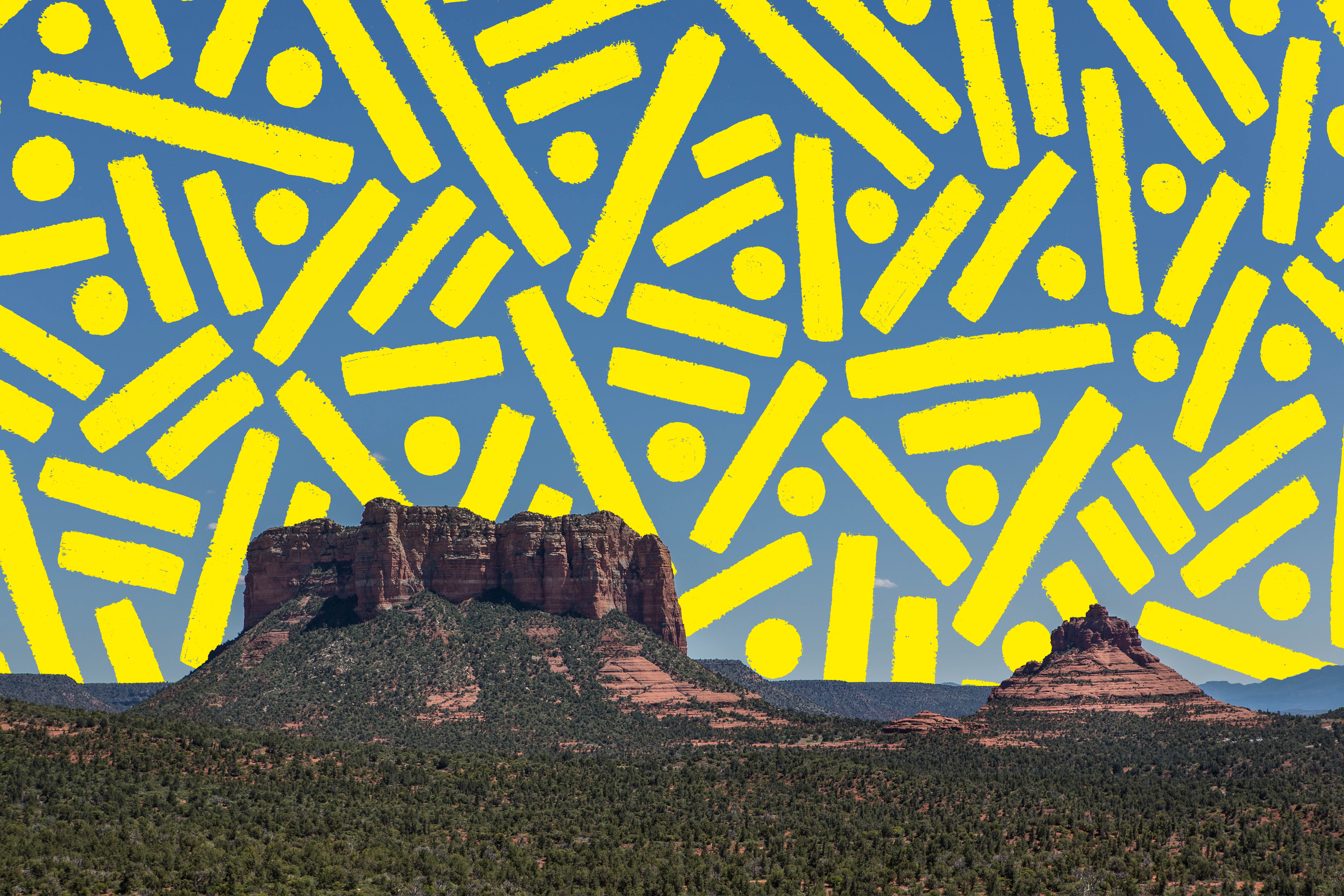 “Desert Constellation” by Pipe Yanguas, featuring Arizona's red rock formations beneath a vivid yellow sky covered in an intricate pattern of blue dots and lines.