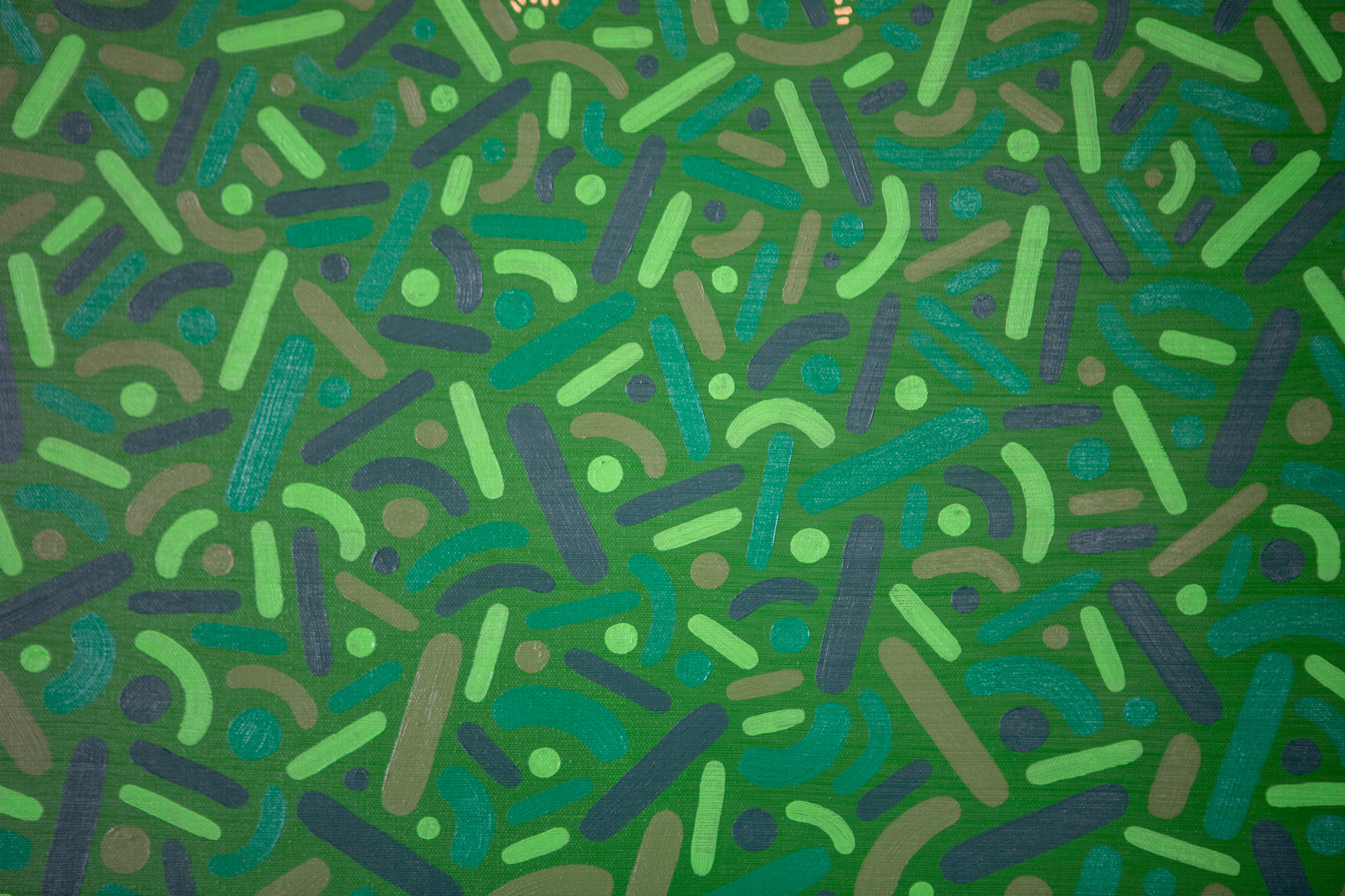 Sunlit Canopy: Close-up of green dots, curves, and short lines on a dark-green field.