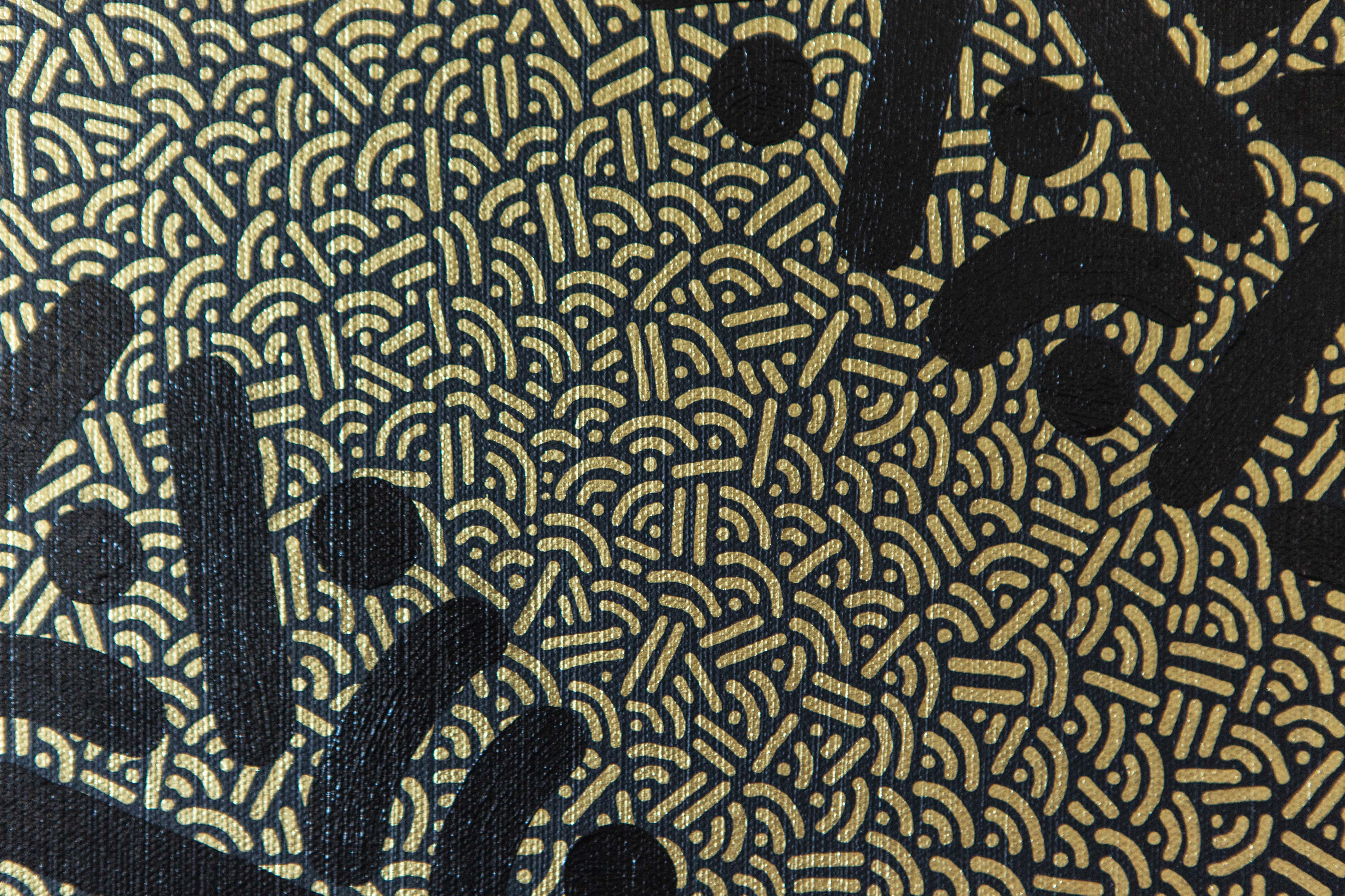 Detail of Nexus by Pipe Yanguas, showing small gold dots and curved lines surrounding larger black marks on textured canvas.