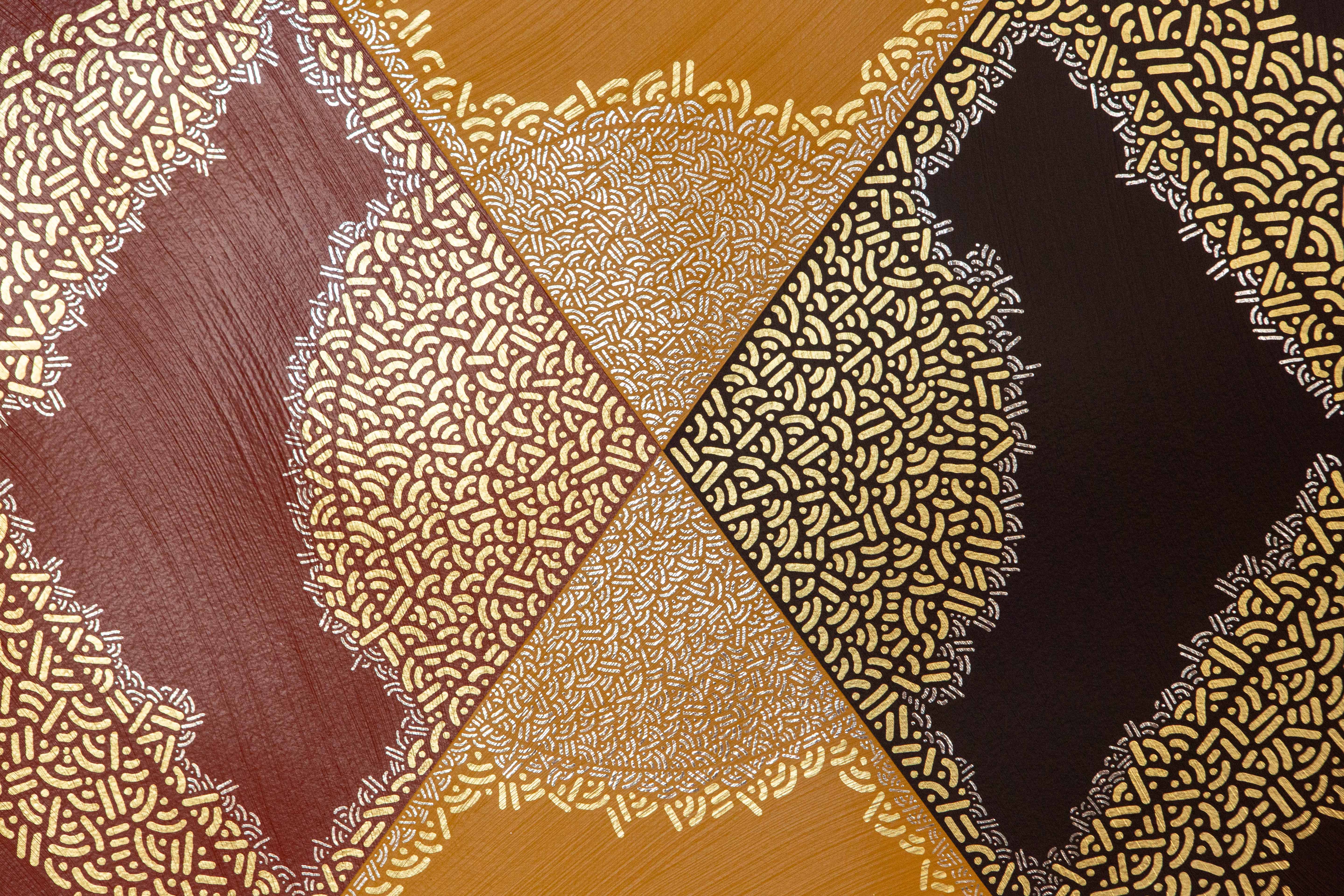 Cosmic Nodes: Close-up of gold, burgundy, and black diamonds bordered by fine pale marks.