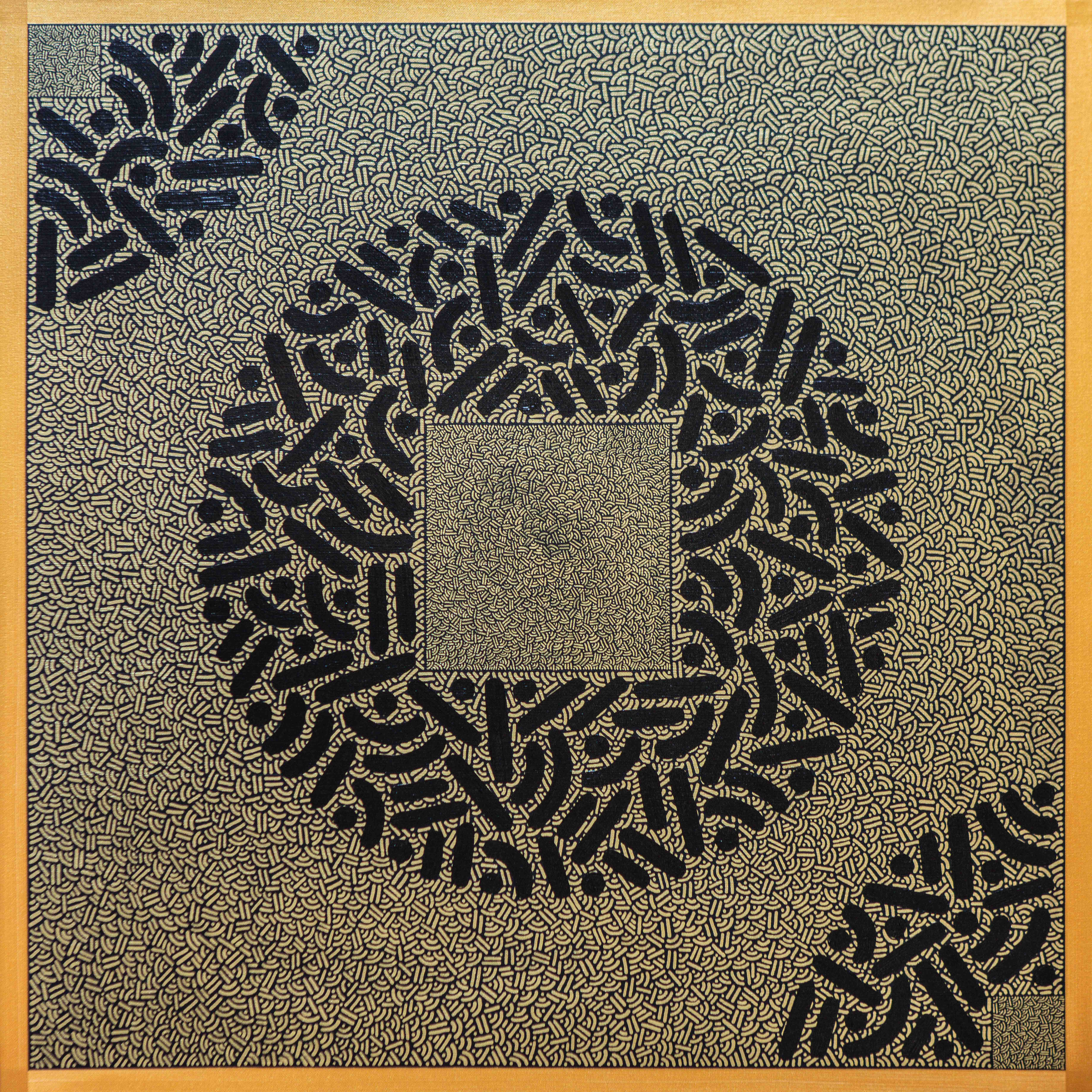 Nexus (2026) by Pipe Yanguas: a gold-toned square painting with fine dots and lines, a central square inside a ring of larger black marks, and circular fragments at opposite corners.