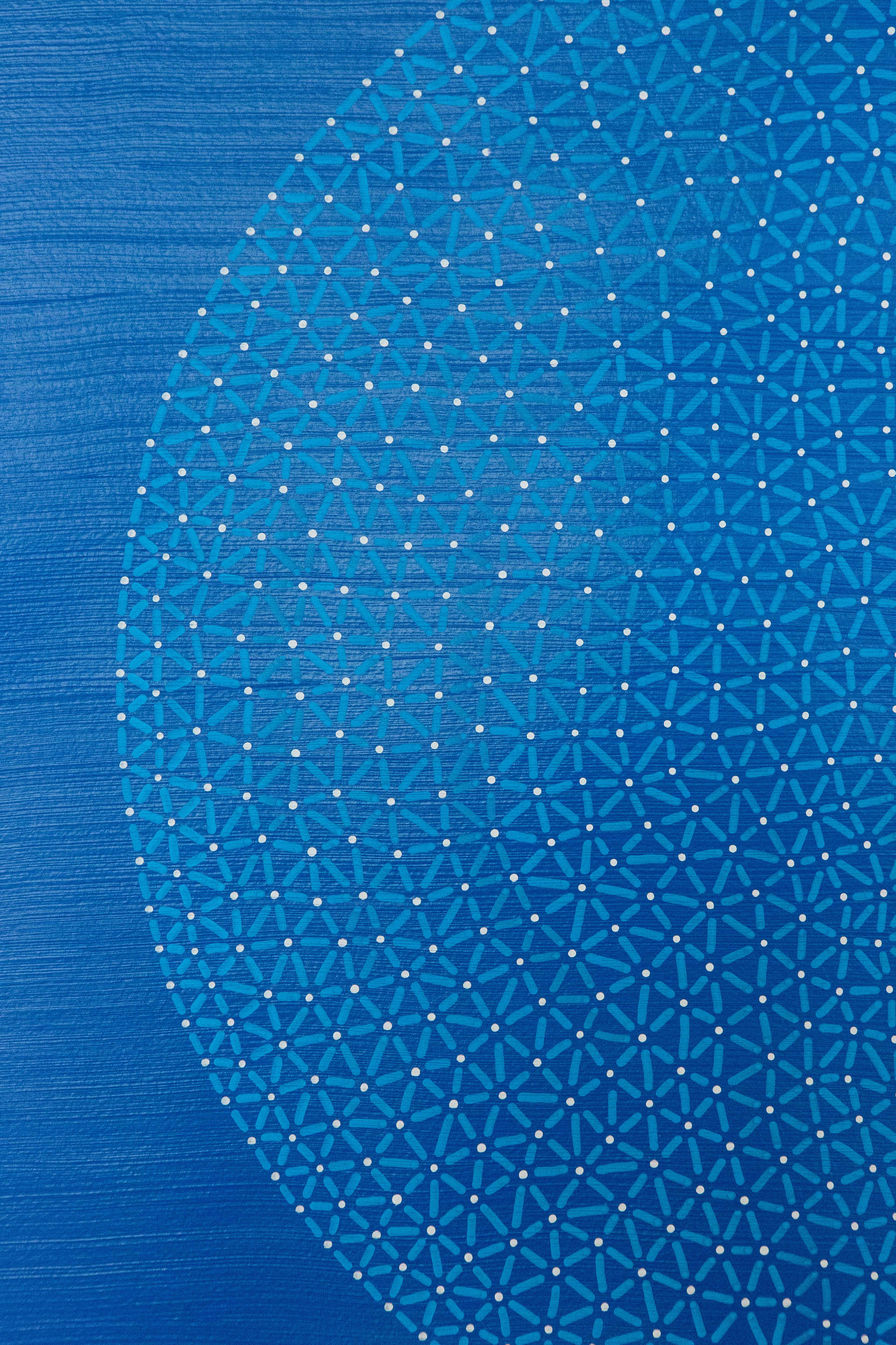 The Blue Nexus: Close-up of turquoise connecting lines and pale dots forming a dense circular pattern on blue.