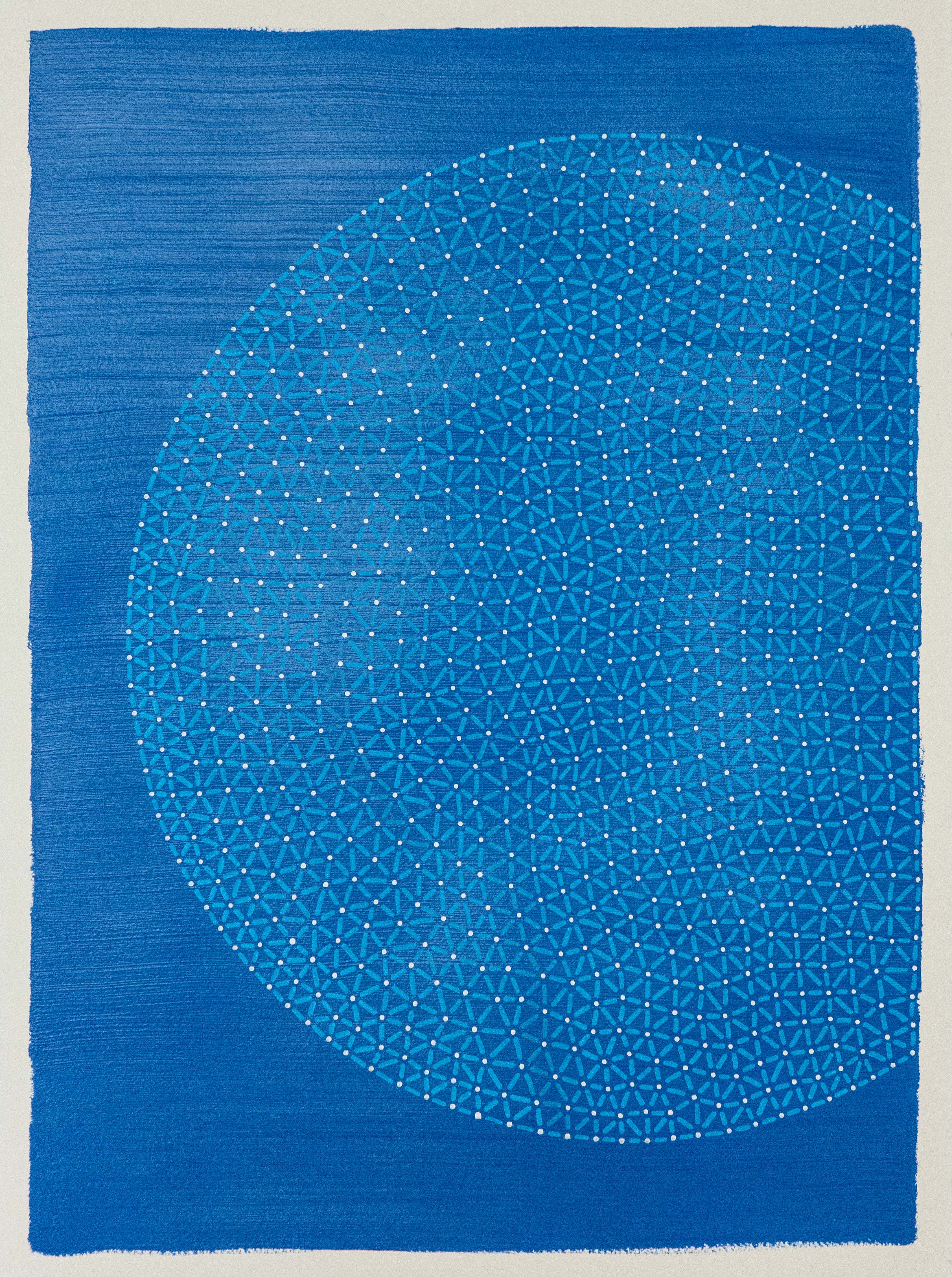 Fine turquoise dots and lines form a large off-center circle on a blue field.