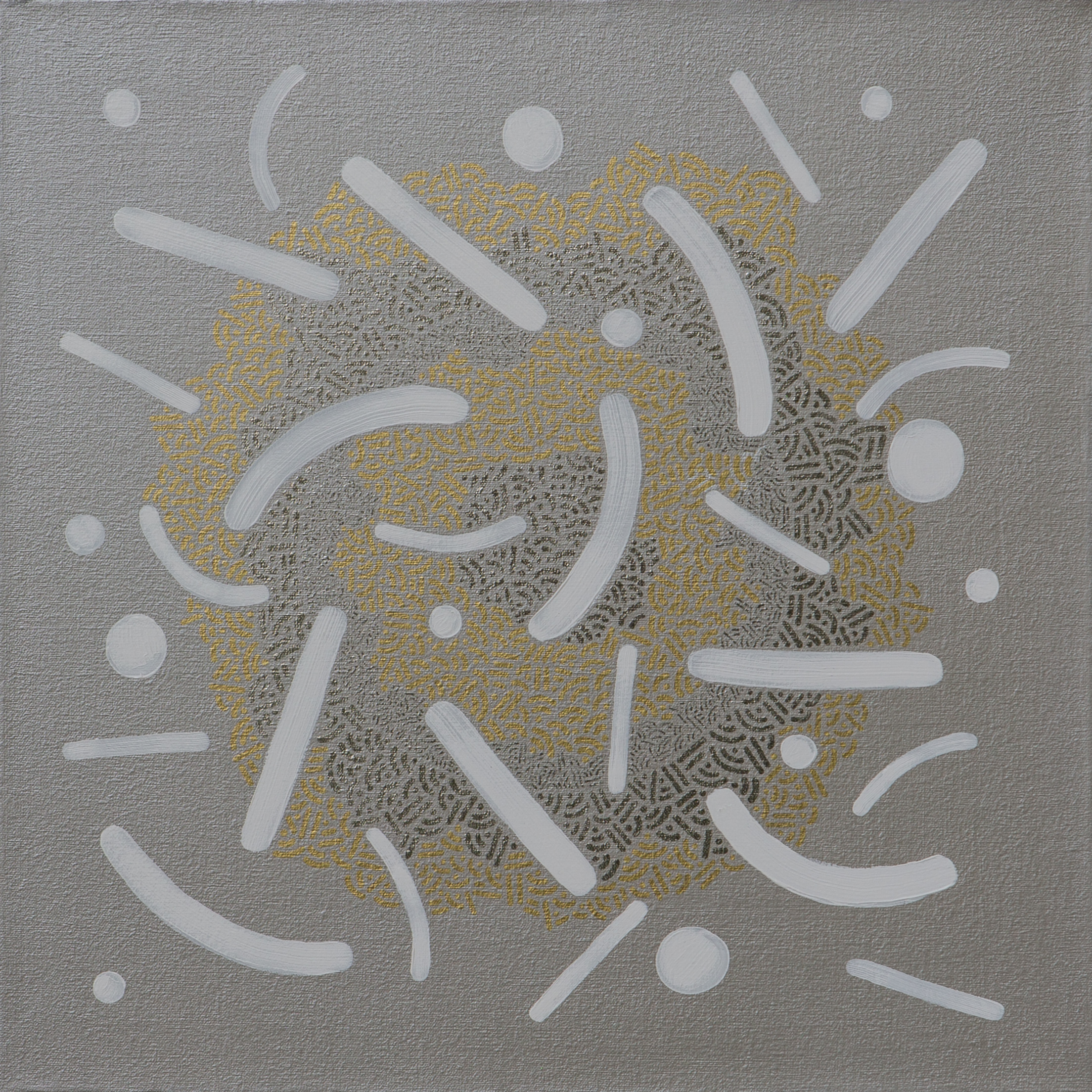 “Becoming One” (2023) by Pipe Yanguas, acrylic on canvas, featuring white dots and lines over a silver-gray background with intricate overlapping gold and silver formations.