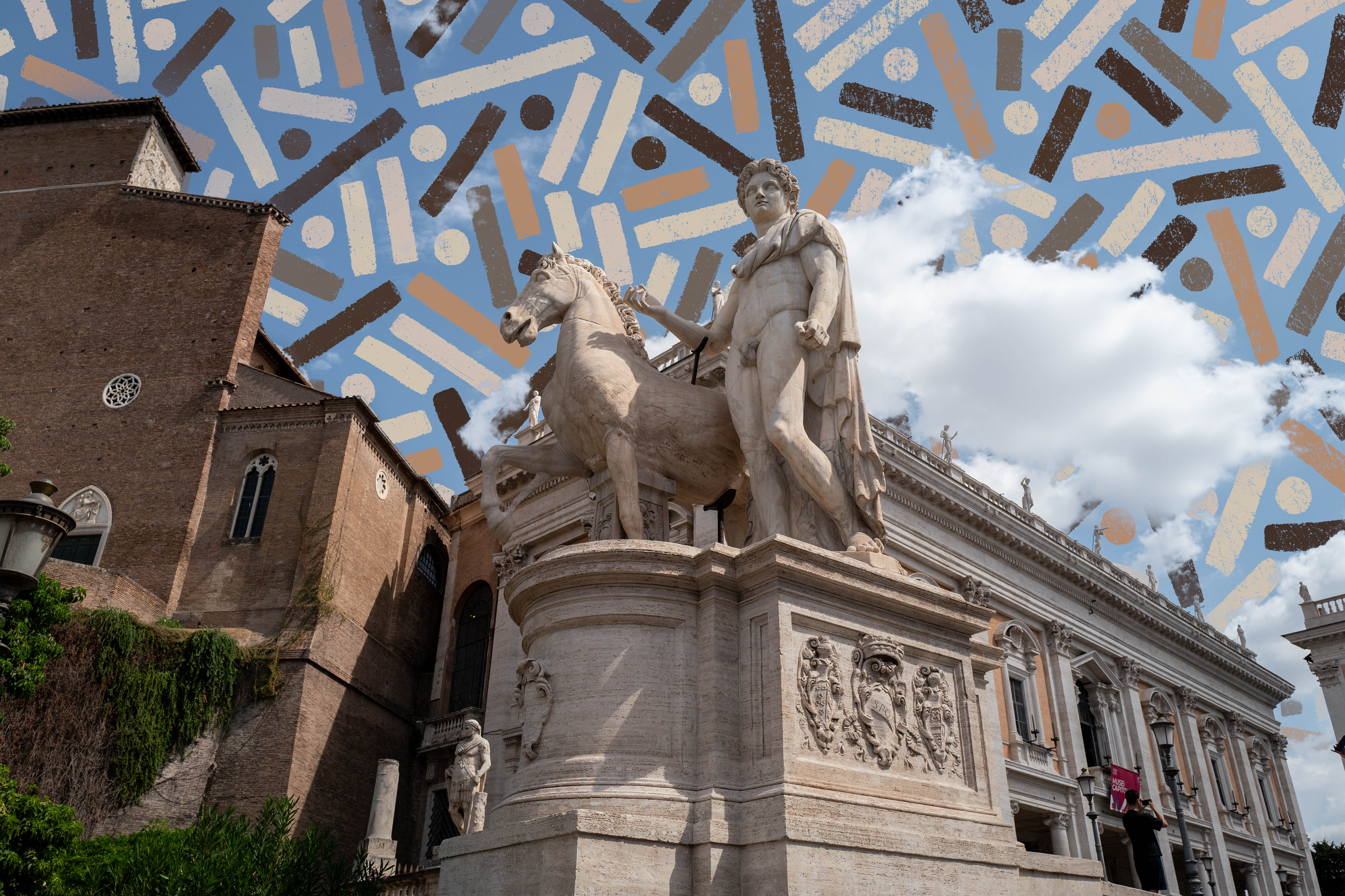 “Timeless Connections” by Pipe Yanguas, depicting classical sculptures and historic architecture in Rome beneath a blue sky overlaid with geometric dots and lines.