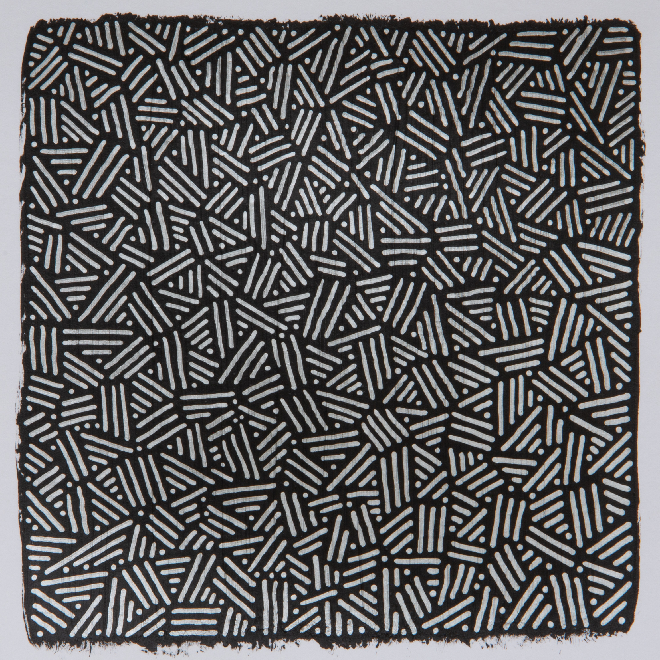 Dense white dots and short lines fill a black square in changing diagonal directions.