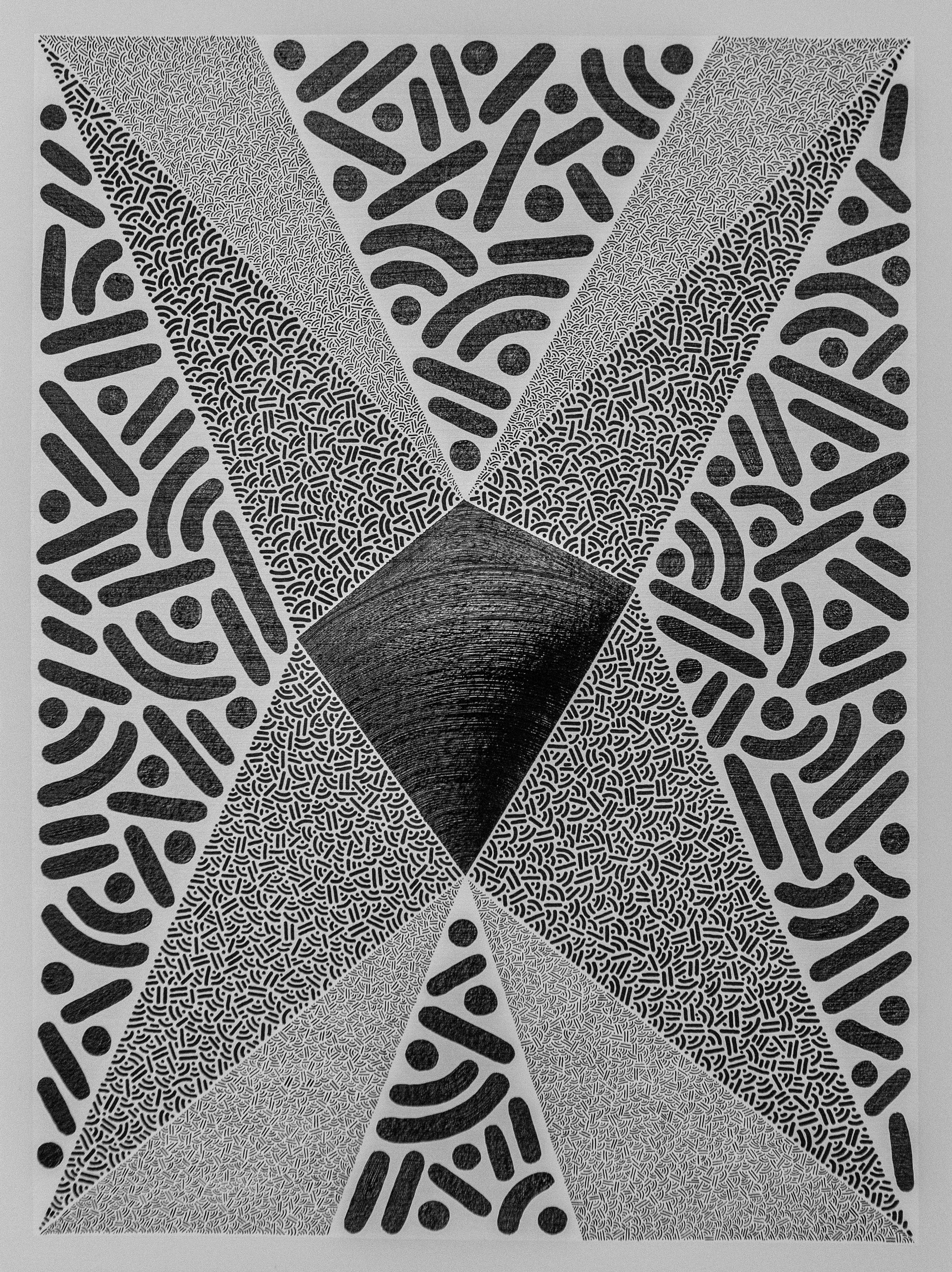 Four gray triangles meet at the center of a black-and-white composition filled with dots and curves.