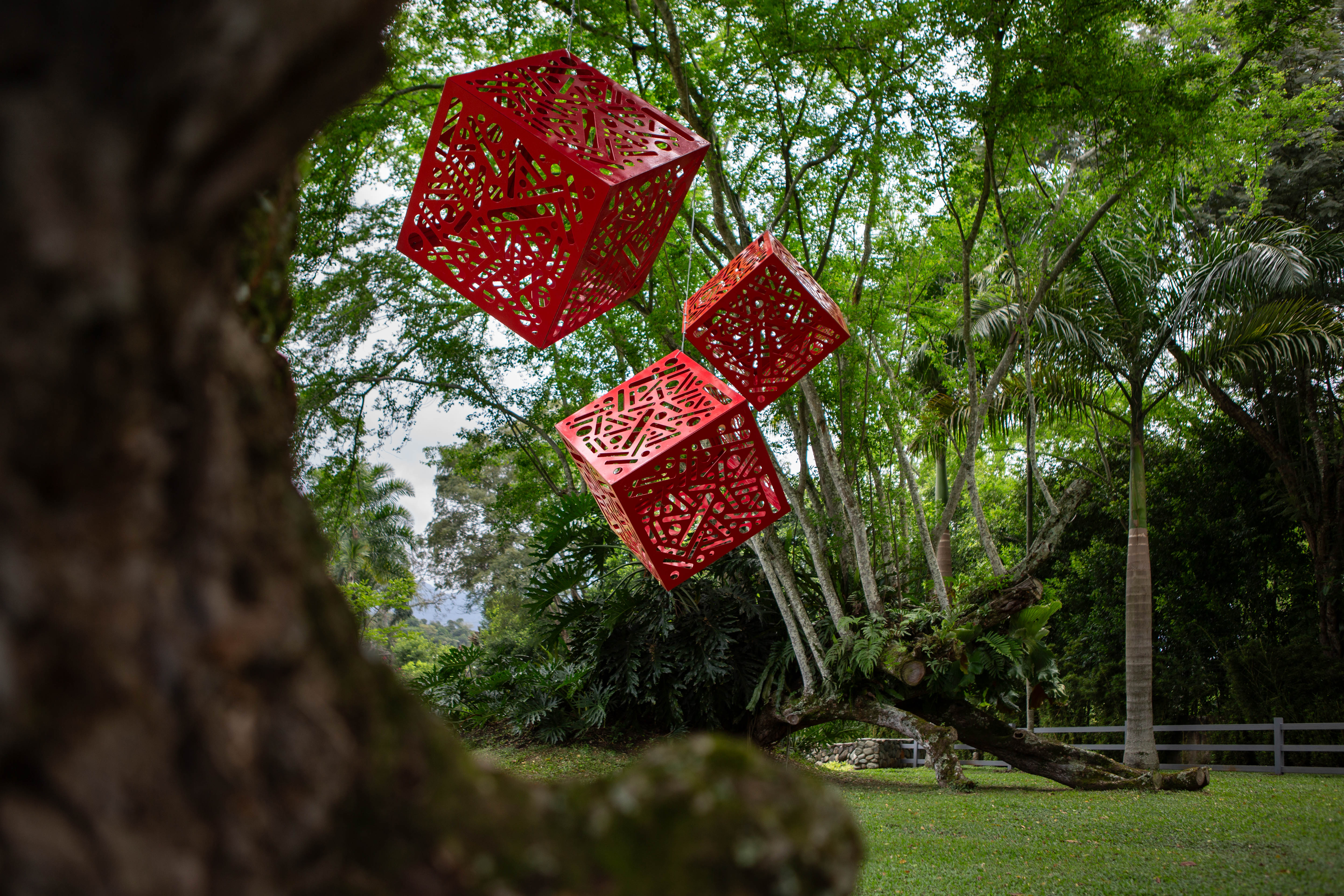 Hemoglobin: Three red cutout cube sculptures suspended among leafy garden trees.