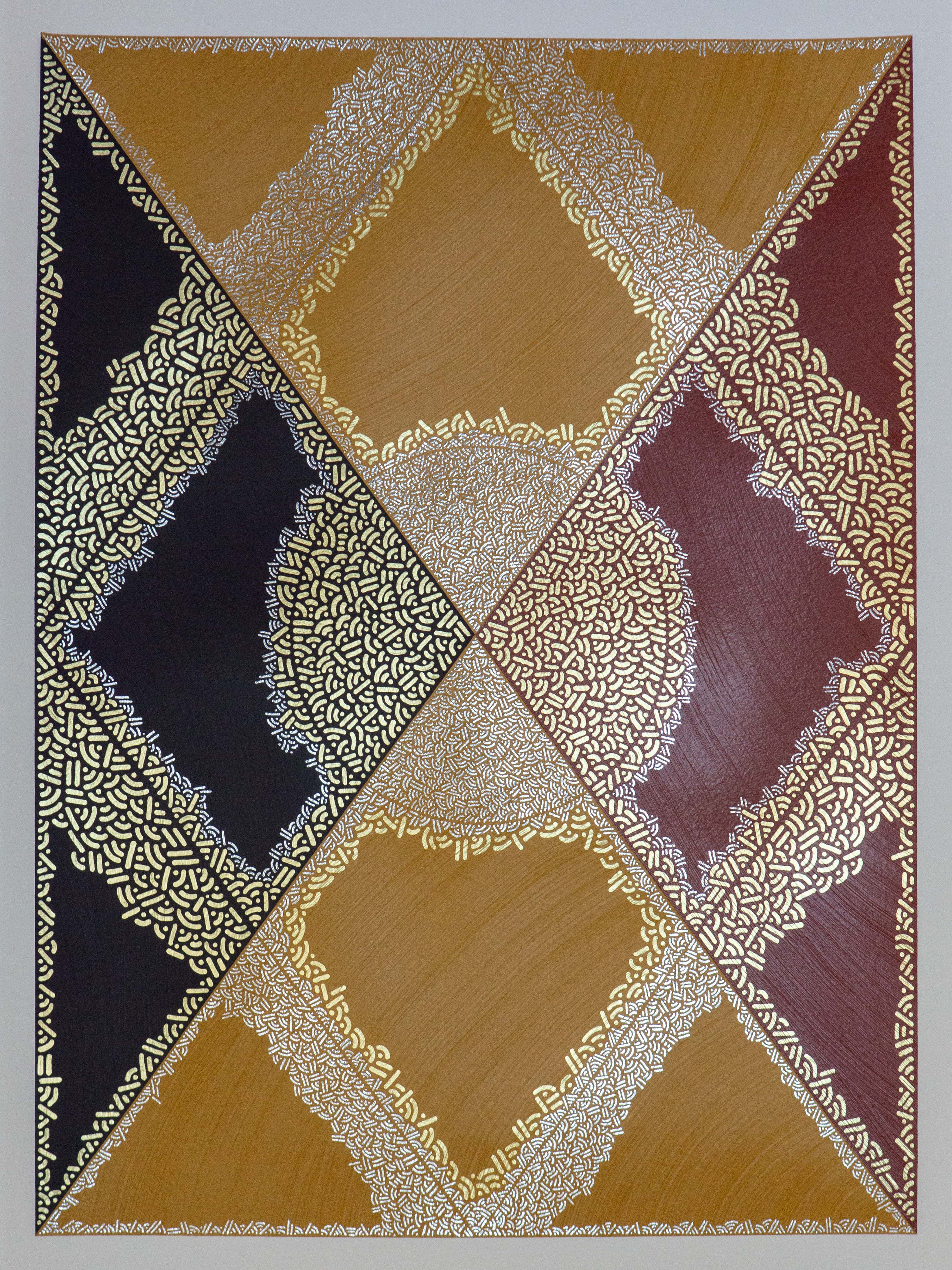 Gold, burgundy, and black diamond forms bordered by fine pale dots and lines.